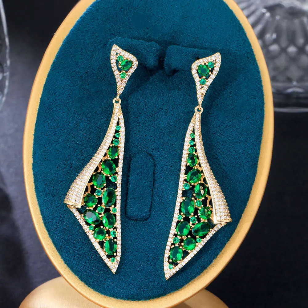 Dropshipping Symmetrical Creative Brazilian Gold Plated Green Cubic Zircon Long Dangle Pageant Long Earring for Women Party Wear