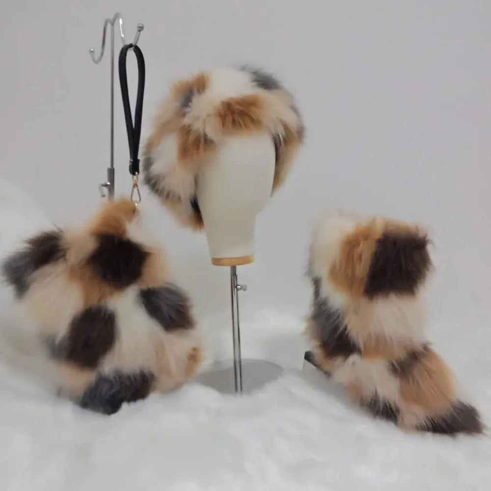 

Fashion ladies fox fur boot sets fur boots with headband non slip raccoon fur winter shoes