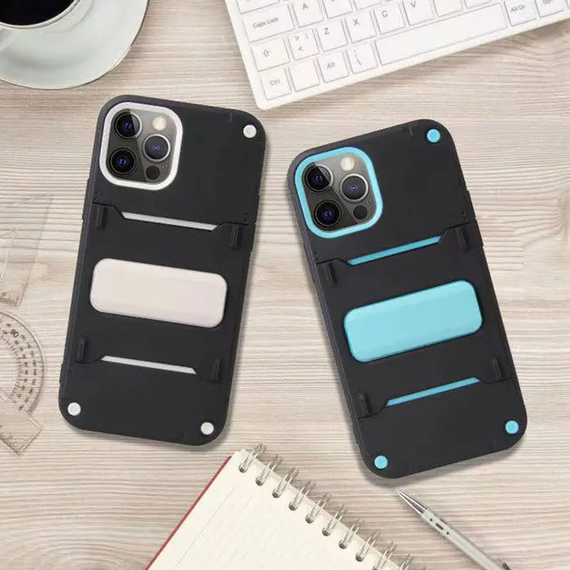 

2 in 1 Design Invisible Stent Shockproof Mobile Phone Case for Iphone 11 12 max pro, Blue/pink/yellow/red/black/navy blue/brown/green/gray/dark green