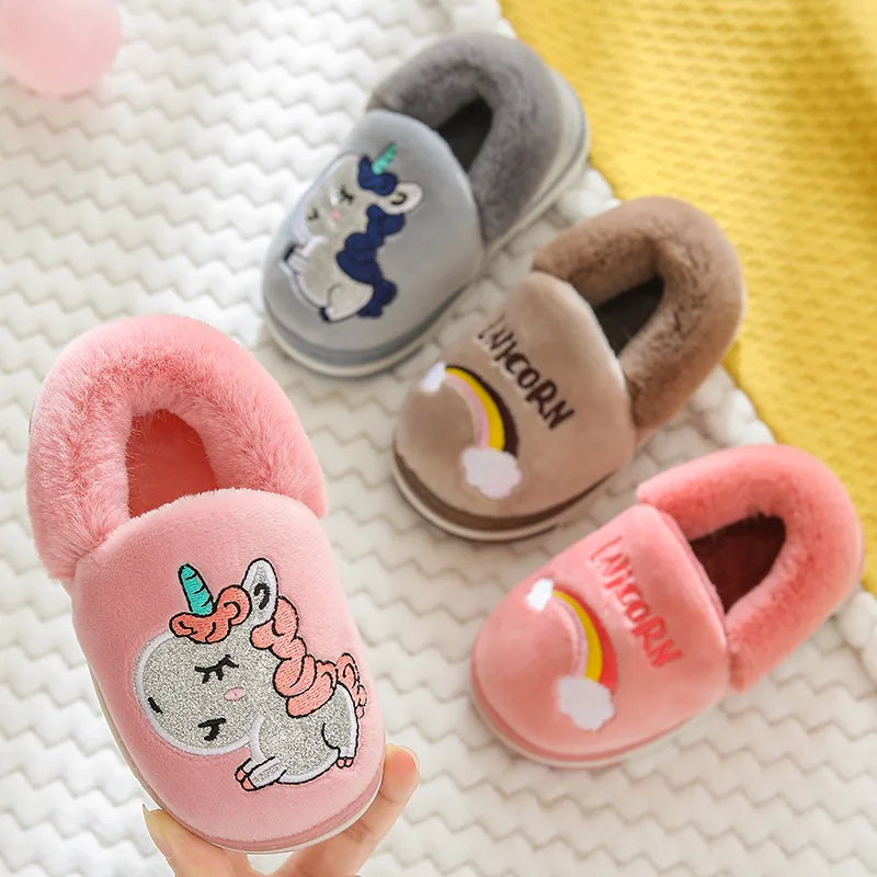 

Children's cotton slippers in winter 2019 indoor skid-proof warm cute cartoon Unicorn bag heel cotton shoes, Purple, pink, red, grey, brown