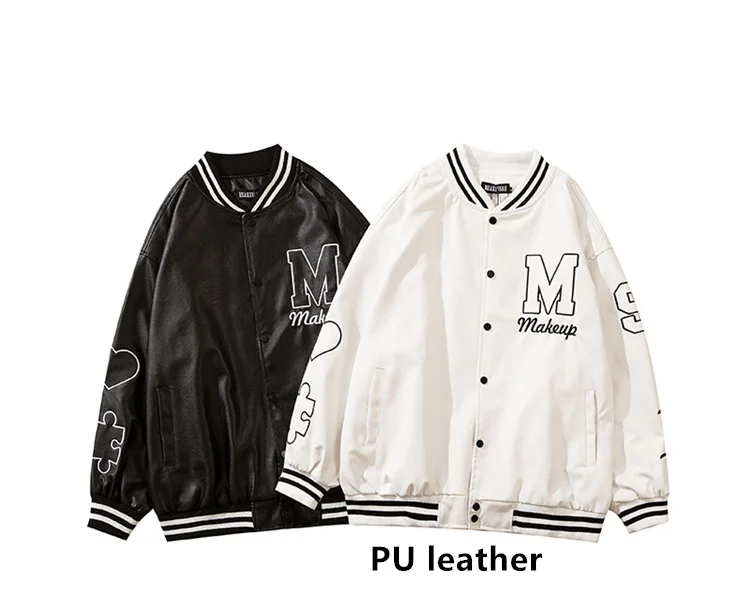 

Wholesale Faux Blank Bomber Plain Black And White Mens Women Letterman Leather Varsity Jackets Customize, 2 colors