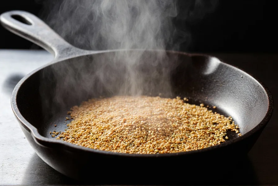 Coriander seeds being toasted in a cast iron skillet with steam rising