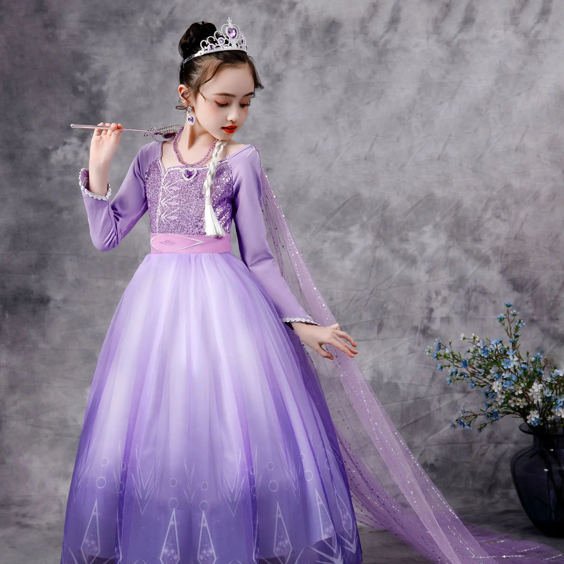 

Hot Sell Elsa Anna Girls Dress Halloween Cosplay Party Dress Up Princess Girl Costume Dress, Purple