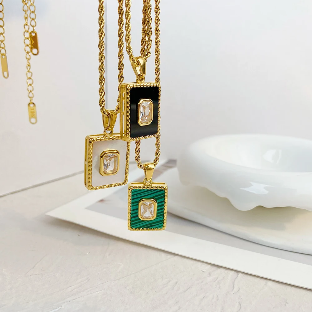 

New stainless steel fried dough twist Chain Pendant Necklace Square white zircon malachite pendant Necklace