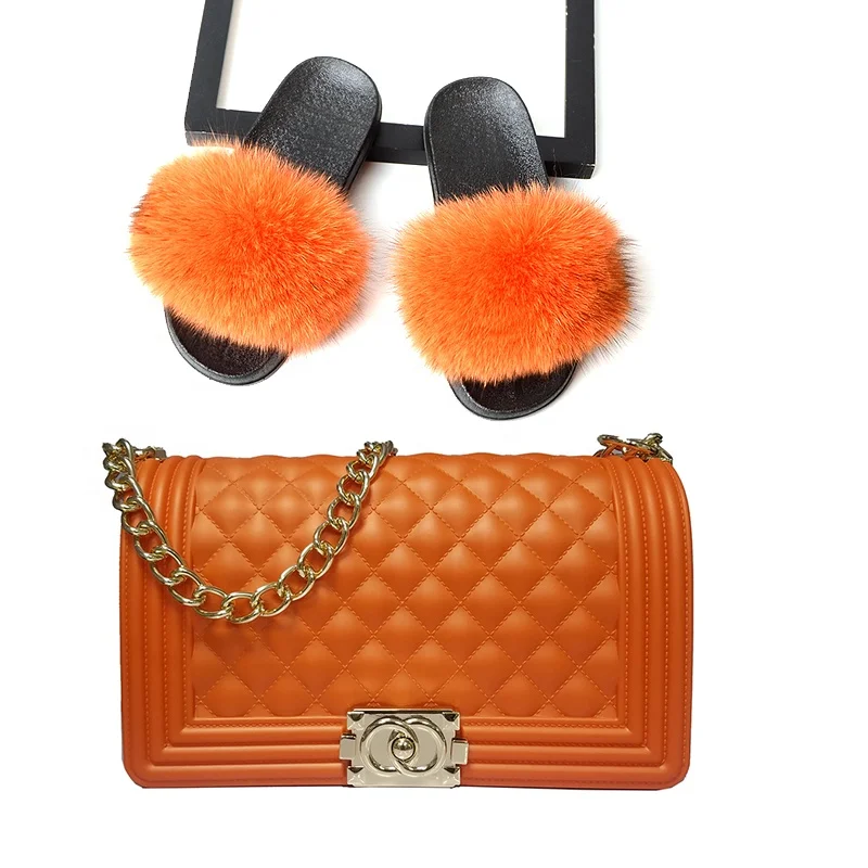 

New style hot selling fur slides and matching purse summer women slippers sandals big fur colorful Jelly bag fur slide
