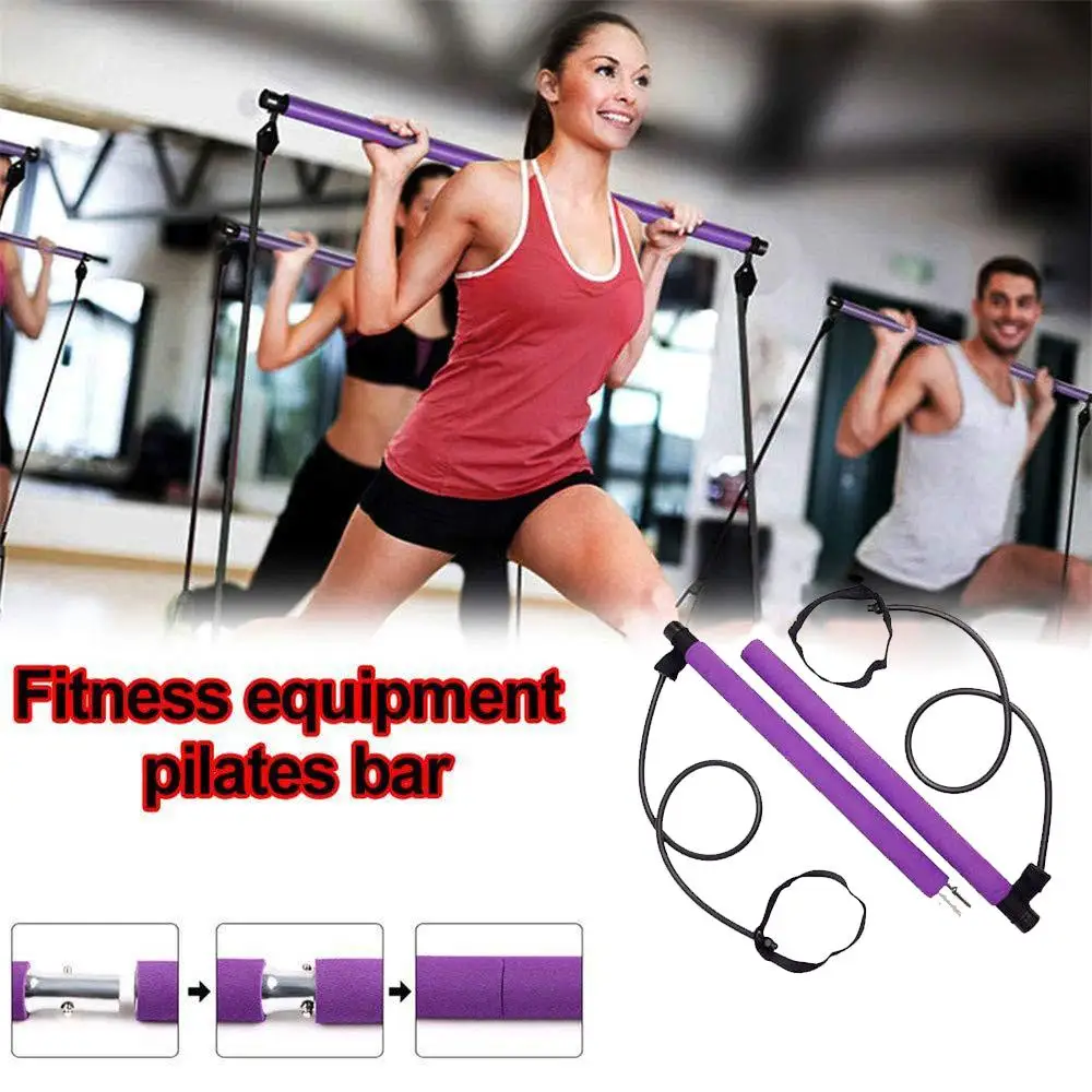 

Portable Fitness Pilates Bar Pilates Stick Bar with Resistance Bands Crossfit Bodybuilding Rubber Tube Bands Yoga Exercise Work, As photo