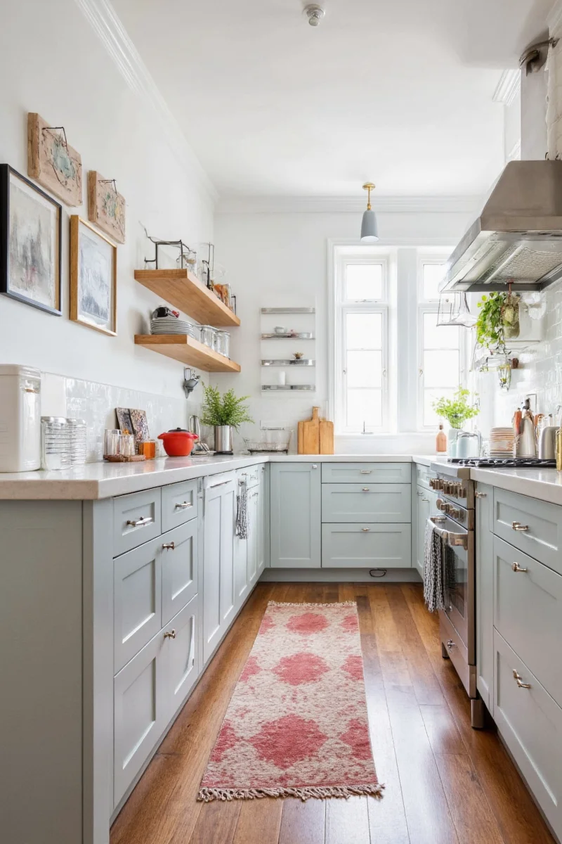 Rustic country-style kitchen with open shelves and farmhouse sink