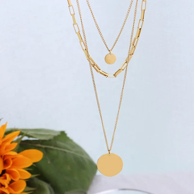 

3pcs/set 18K Gold Plated Round Coin Pendant Chain Necklace Stainless Steel Jewelry Set