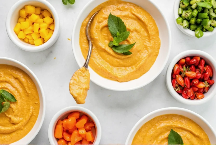 Various pepper mayo variations in small bowls with different colored peppers