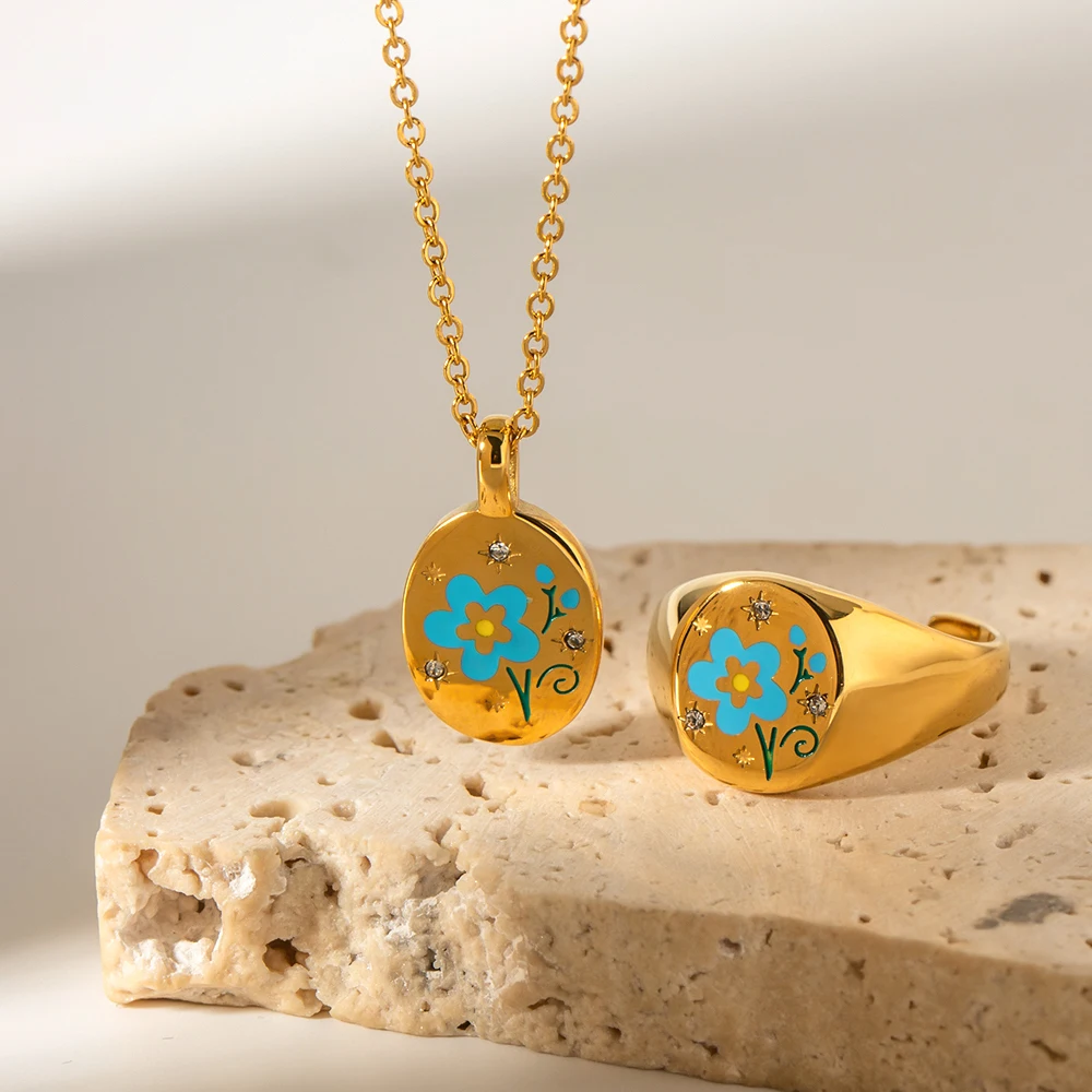 

Waterproof 18k Gold Plated Stainless Steel Flower Rings Jewelry Gift Oval Pendant Necklace For Girls