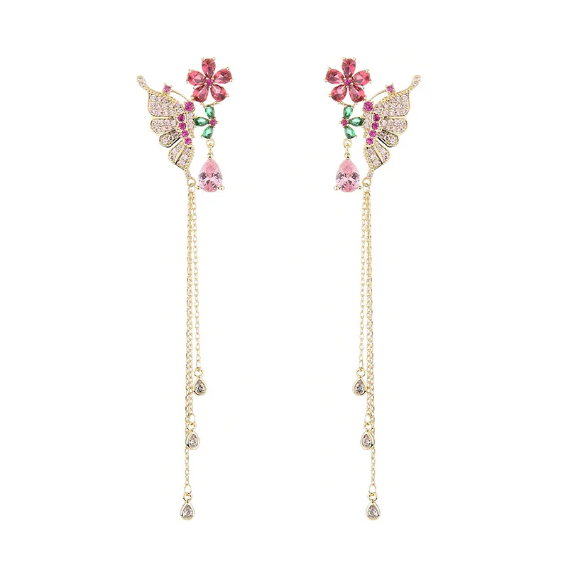 

New Style Gold Plated Colorful Flower Butterfly Crystal Long Pendant Glitter Teardrop Earrings for Women, Picture shows