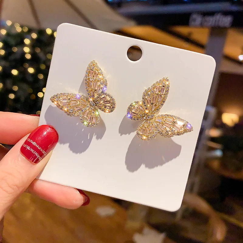 

Exaggerated S925 Silver Needle Hollow Zircon Butterfly Earrings For Girls, As pic shown