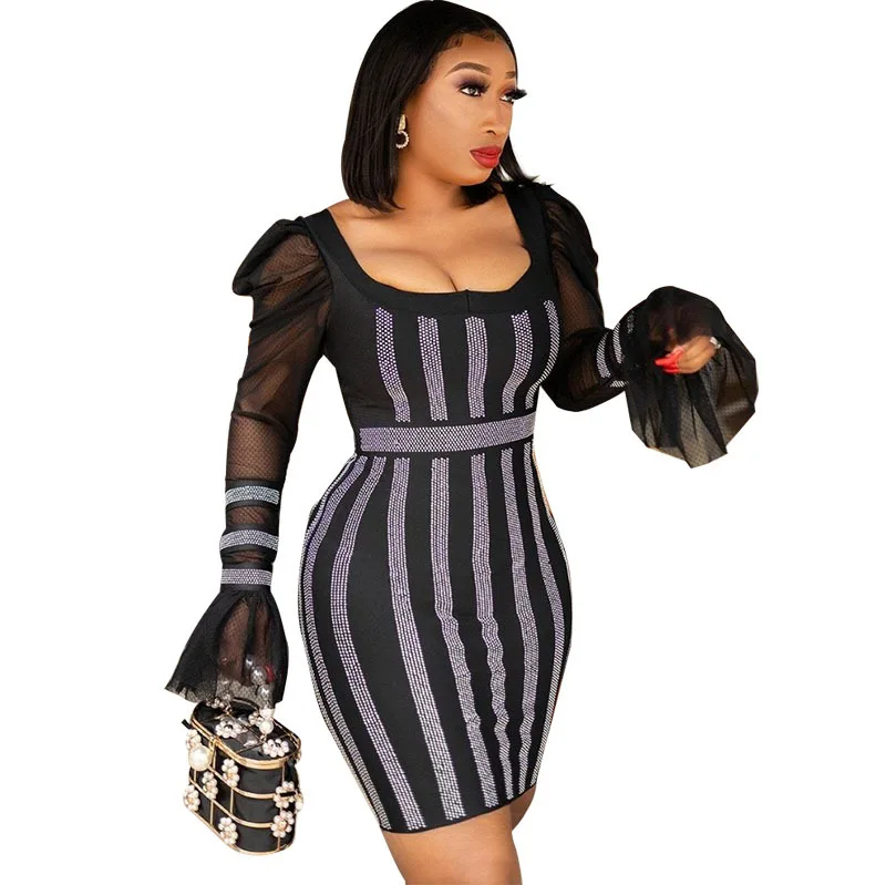 

Plus Size Women Dress Puff Sleeve Evening Diamond Gown Dresses Women Sexy Bodycon Black Mesh Dress Vintage Gown, As pic