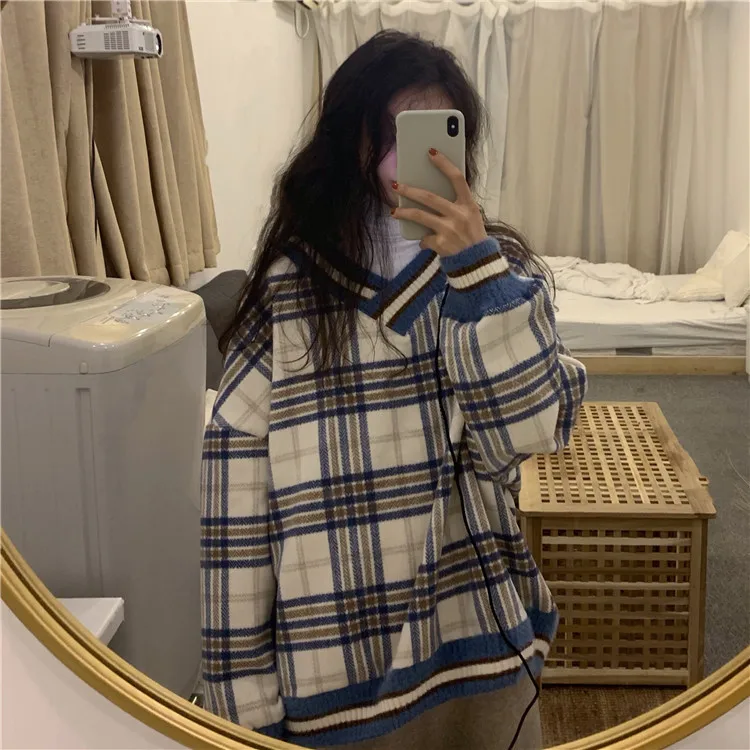

2021 ladies sweatshirt custom Korean vintage loose woolen long sleeve plaid knitted women sweater tops women's sweaters