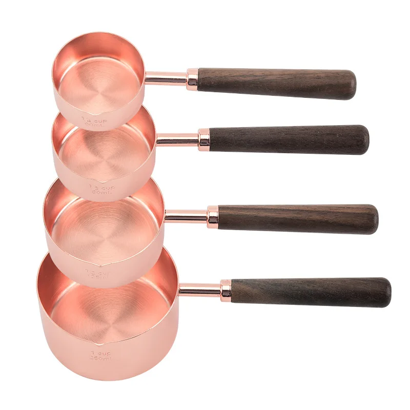 

8 pcs Kitchen Measure Spoons Set Wooden Handle Stainless Steel Rose Gold Measuring Cups with Spout