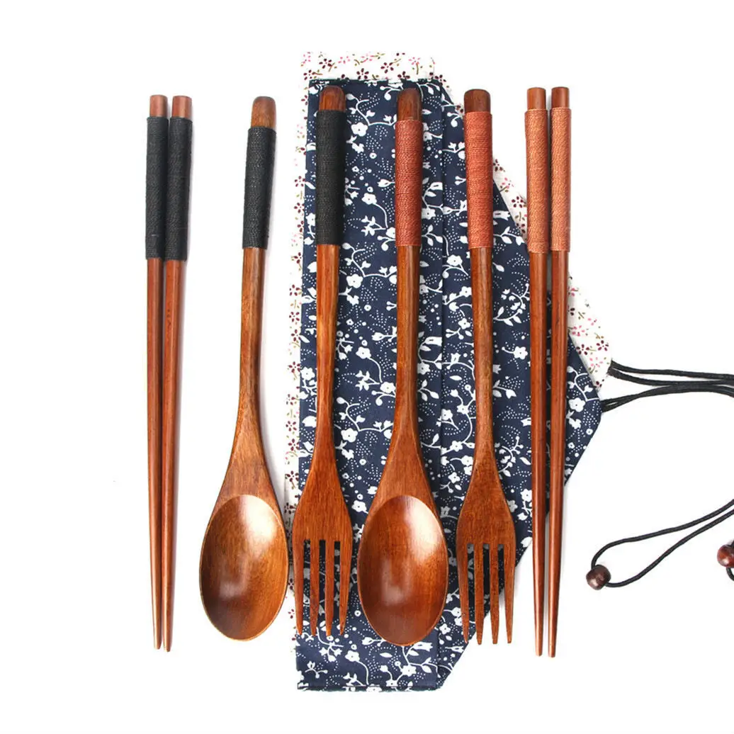 

Hot Portable Wooden Cutlery Set With Bag Reusable Kitchen Utensil Tied Line Travel Tableware Spoon Chopsticks Forks Flatware, Black line,gold line