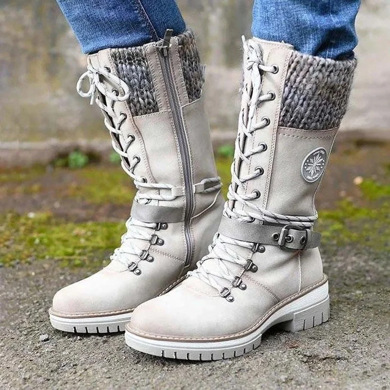 

Winter Buckle Lace Knitted Mid-calf Boots Low Heel Round Toe Boots women's Top Quality Winter Warm snow boots, As the picture shows