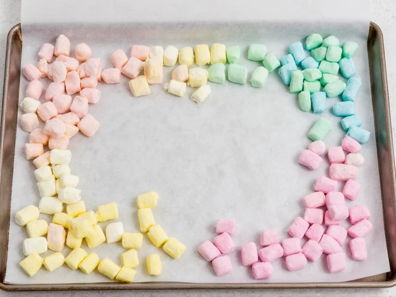 Colorful homemade marshmallow variations on baking sheet