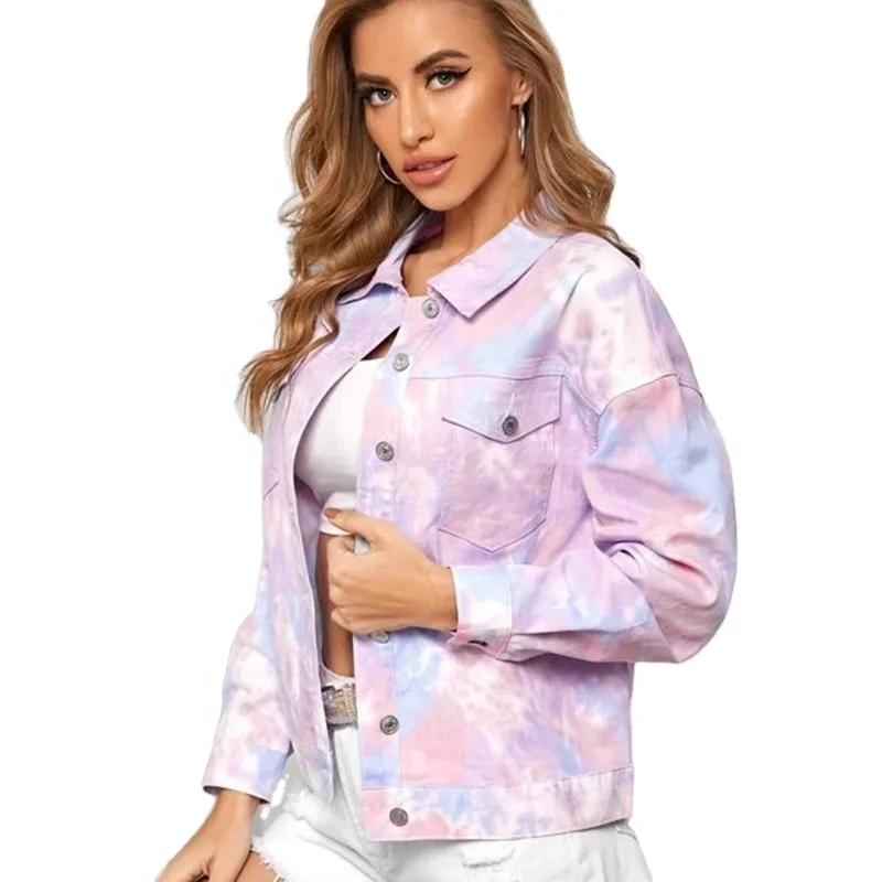 

tie dye women coat denim short coat fashion girl's outfit2021 Western Windbreaker Double Breasted Trench Coat