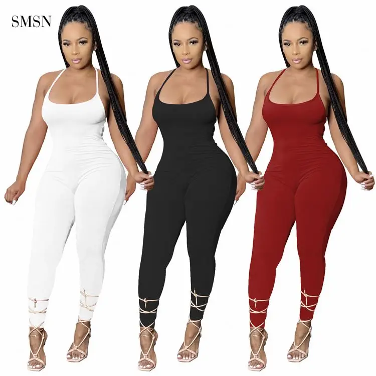 

MOEN Latest Design Yoga Sexy Sling Bodycon Jumpsuit 2021 Solid Color Backless Women Jumpsuits And Rompers