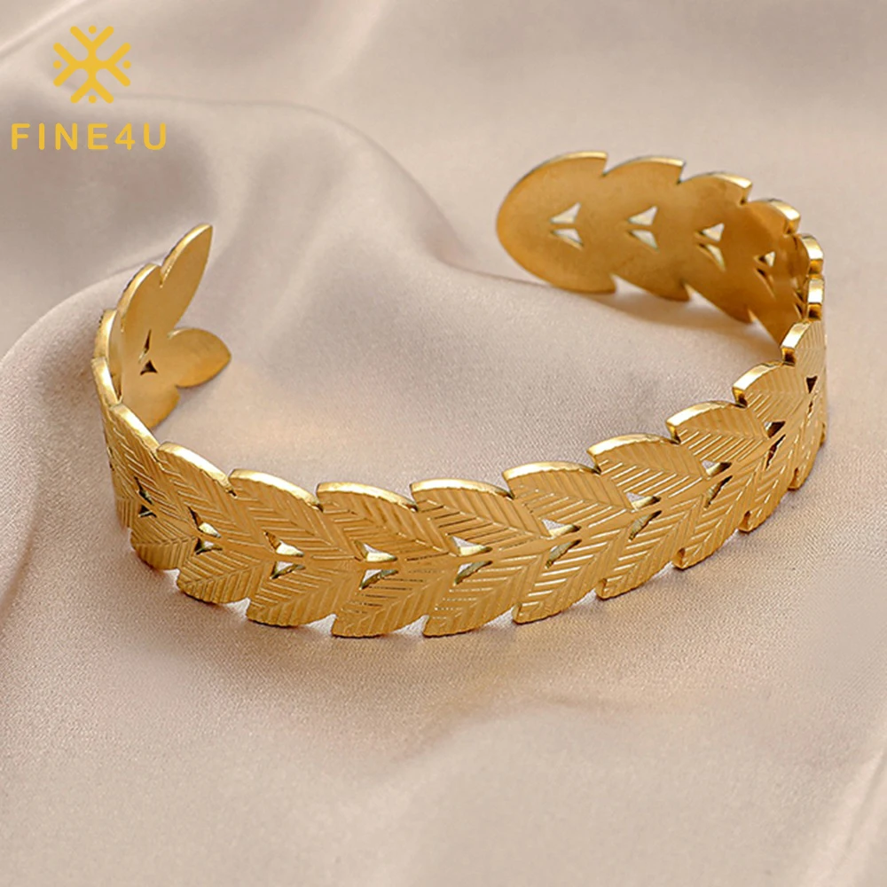 

Tarnish Free Waterproof Gold Plated Pvd Jewelry Wheat Ears Chunky Stainless Steel Bangles For Women