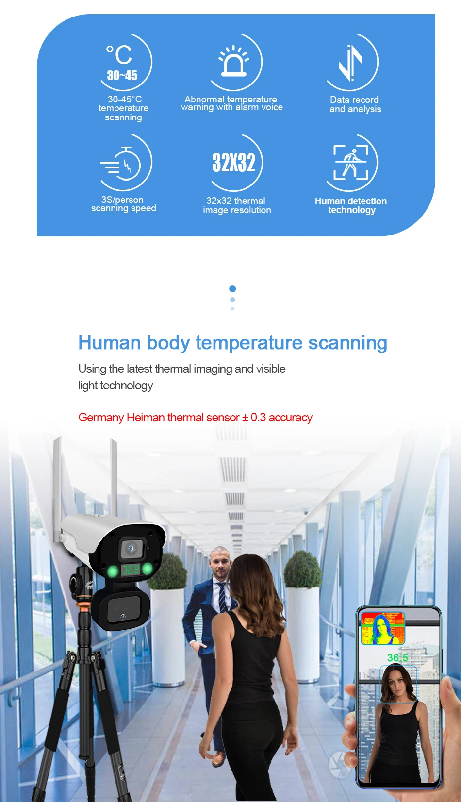 HQCAM Commercial walk through body temperature detector camera fever detection alarm WIFI P2P body temperature ip camera v380