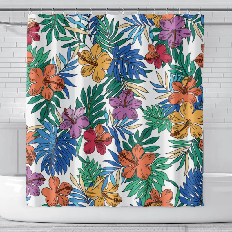 

Tropical Plant Fabric Shower Curtain Green Leaves Flower Palm Leaf Spring Summer Colorful Bathroom Decor Bath Curtain, As color card