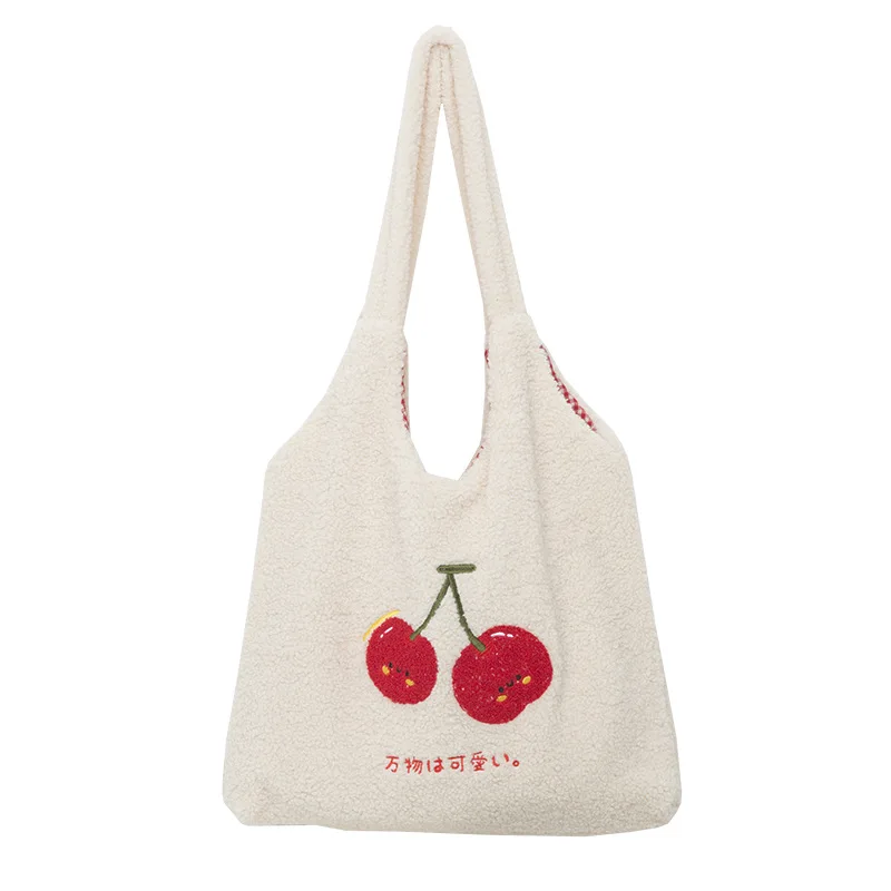 

Lovely cherry embroidered lamb hair bag women's autumn and winter large capacity shoulder bag, Customizable