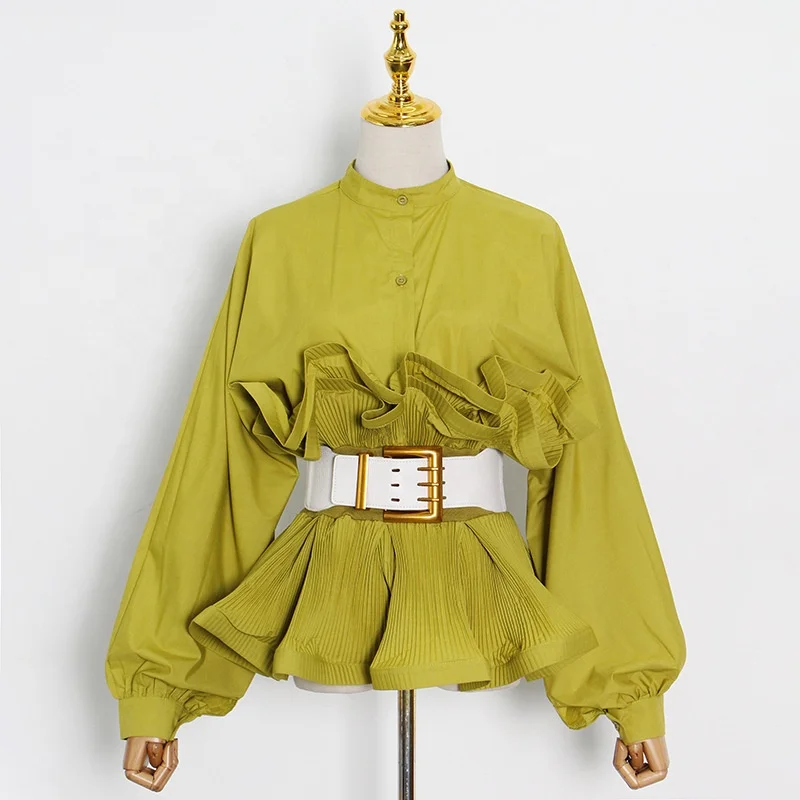 

2021 Round Neck Shirts And Blouses Long Sleeved With Belt Pleated Ruffle Shirt For Women Blouse Top tops, White/black/yellow