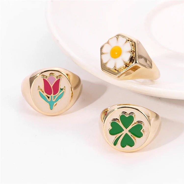 

Wholesale New Arrival Fashion Ring Jewelry Cute Colorful Flower Tulip Daisy Four Leaf Clover Rings for Women Girls