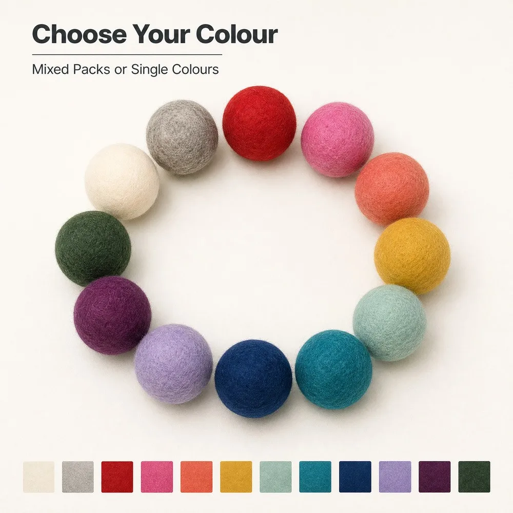 Choose your color chart showing twelve colored wool dryer balls in mixed packs or single shades