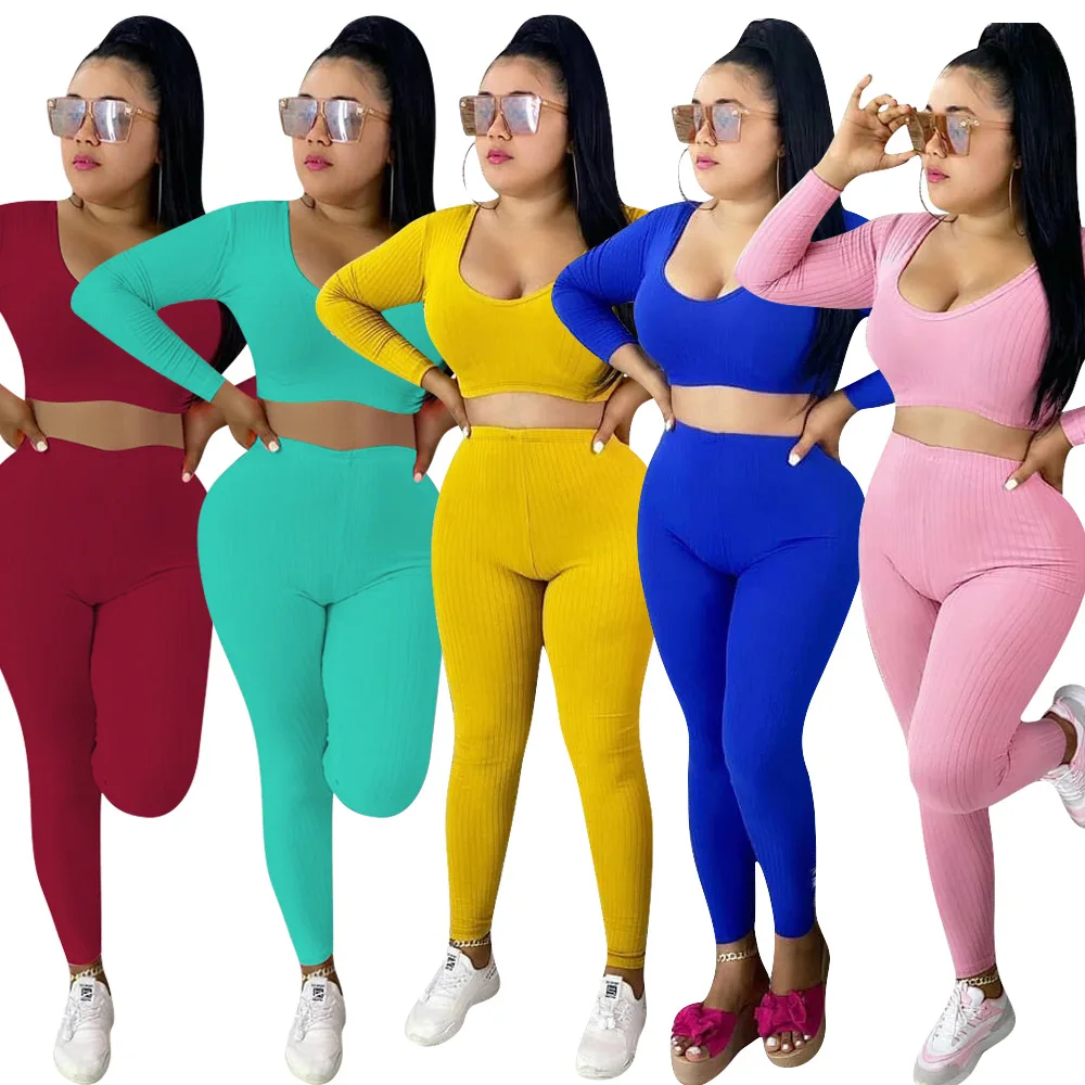 

Women Two Piece 2020 fall clothing two Piece Set women Pit strip low collar solid color long sleeve sexy two-piece set