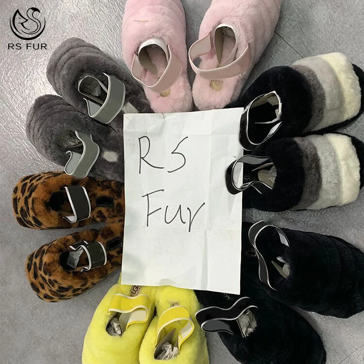 

Fashion designer warm fur sandal women sheep fur slides sheepskin winter slippers with tape, Single color and mixed color or custom