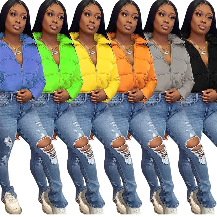 

Pure Color Fashion Long Sleeve Keep Warm Padded Jacket Zipper Up Pocket Adjustable Cotton Women Jacket