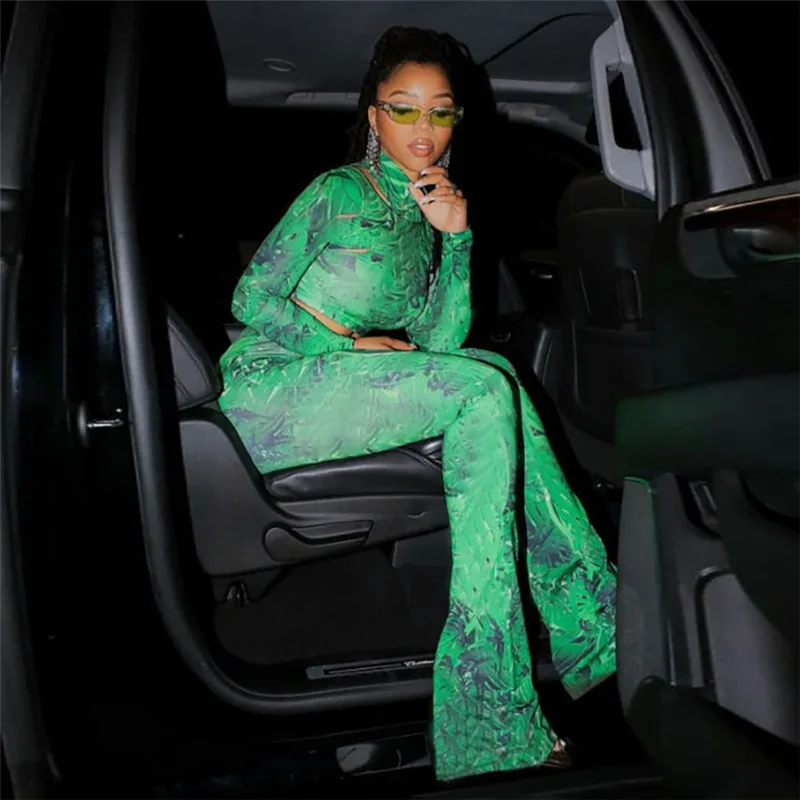 

2021 autumn women's new fashion printed two piece pants set flared trousers casual sports suit women outfaits Two Pie, Picture color