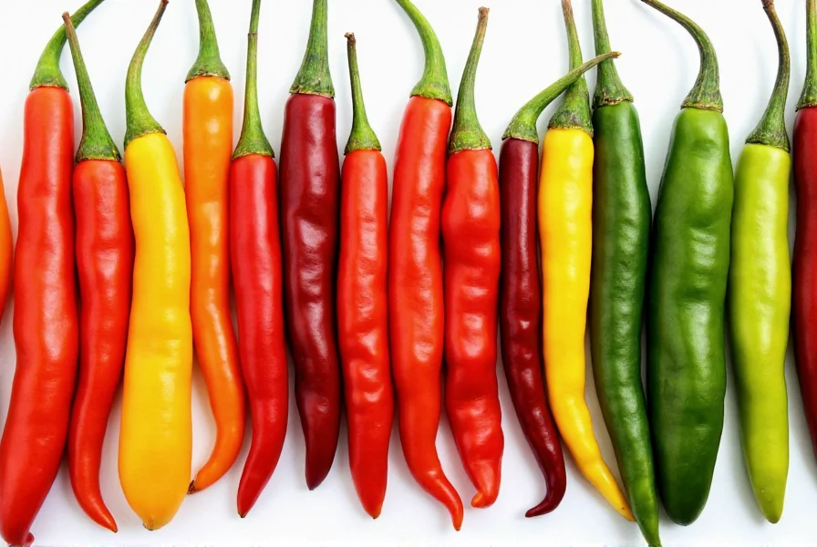 Close-up view of various chile pepper varieties arranged by heat level from mild to extreme