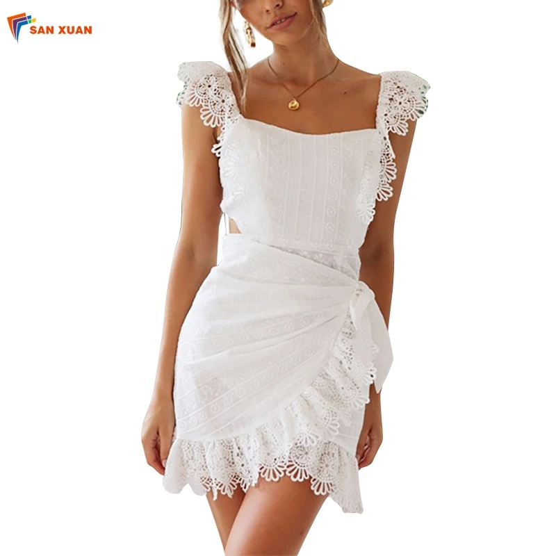 

European style new design embroidered square collar casual sleeveless irregular ladies fashion backless cotton short white dress