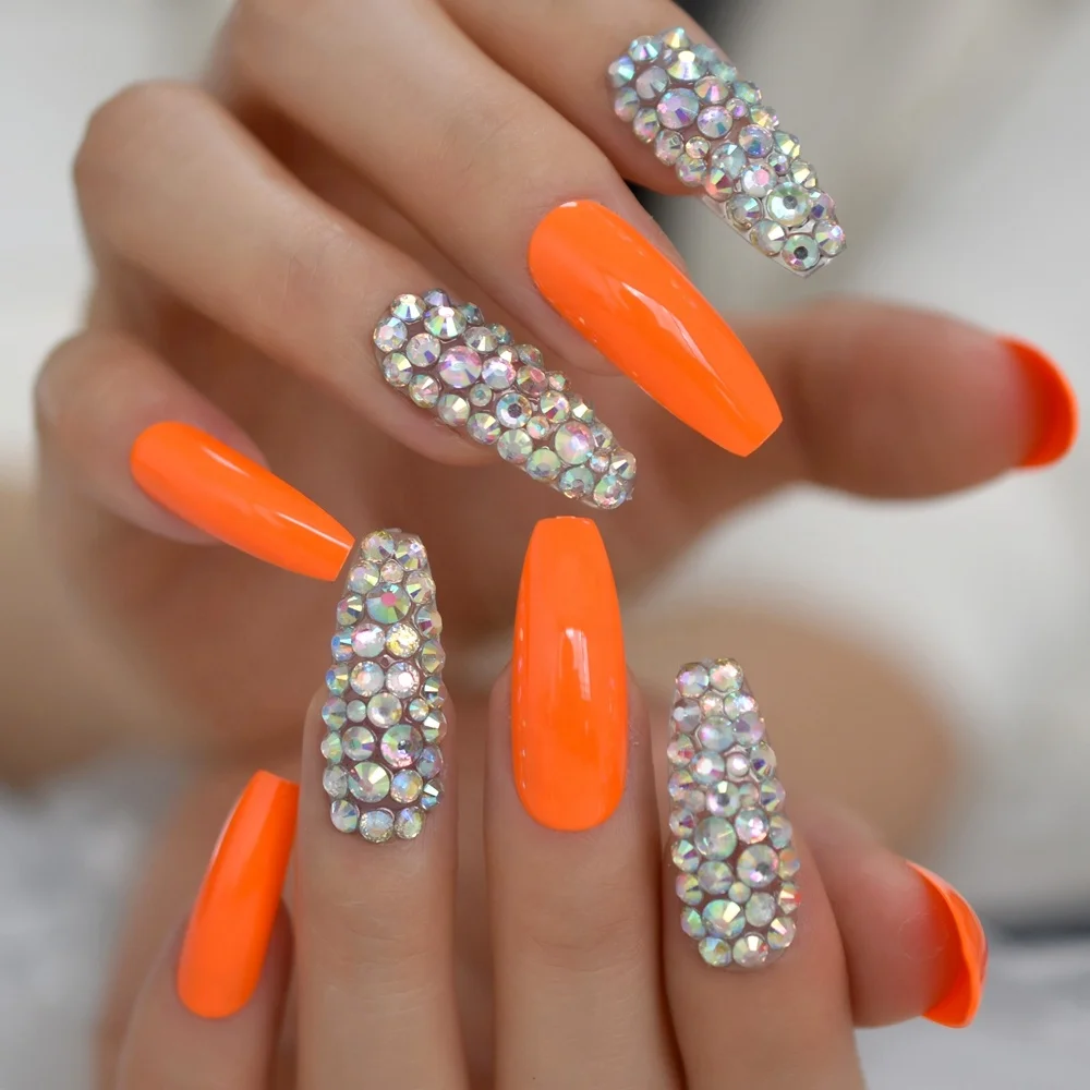 

Orange Shiny Long Rhinestone Coffin Nail Artificial Designed 3D Luxurious Ballerina Nails Full Cover Salon Fingernail L5622