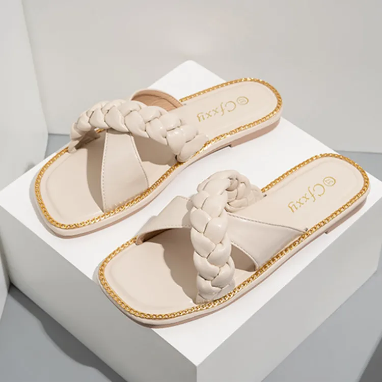 

Summer Women's Flat Bottom Sandals PU Leather Straw Woven Cross Strap Slippers, Colors