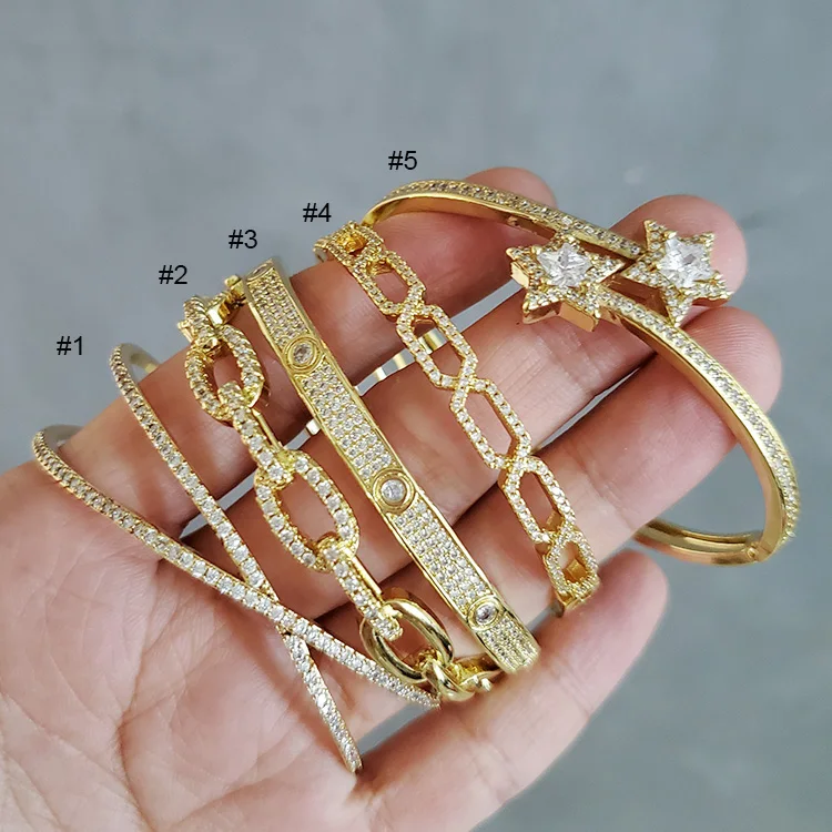 

BC2027 Chic 18k Gold plated Diamond CZ Micro Pave Criss Cross Star Curb Cuban Chain Handcuff Cuff Stacking Bangle Bracelets