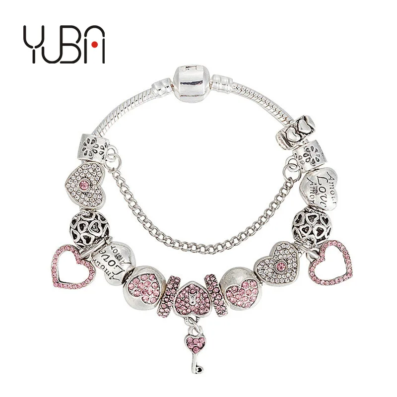 

Romantic Love Diy Silver Chain Heart Charm Bracelet Pink Crystal Hollow Heart Key Bracelet For Valentine's Day Gift