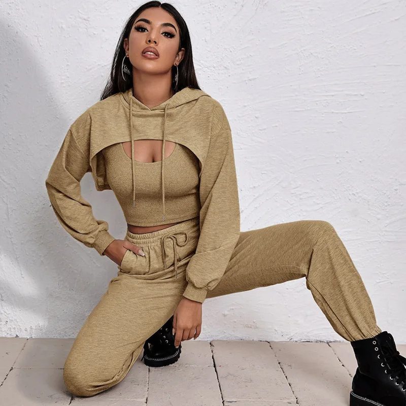 

Fall clothing 2021 Women Sportswear For 3pcs Hoodies Tanks Pants Set Gym Workout Sweatshirt Casual Running Activewear, Picture color