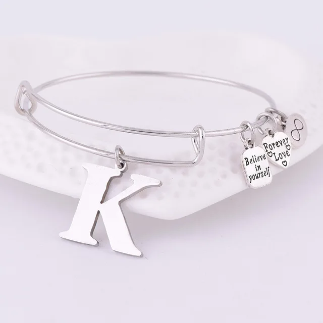 

New Fashion Stainless Steel Silver Plated Expandable Bracelet Charms with A-Z Initial Letter for Women