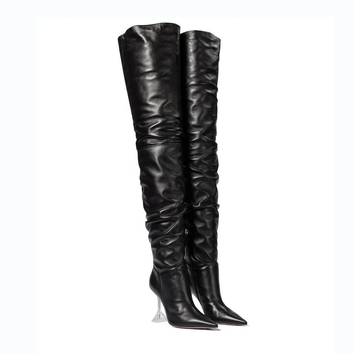 

Anmairon New Arrivals Women Shoes 2020 Luxury Brands Pointed Toe Over The Knee Thigh High Boots Clear Heel Women Long Boots, Black