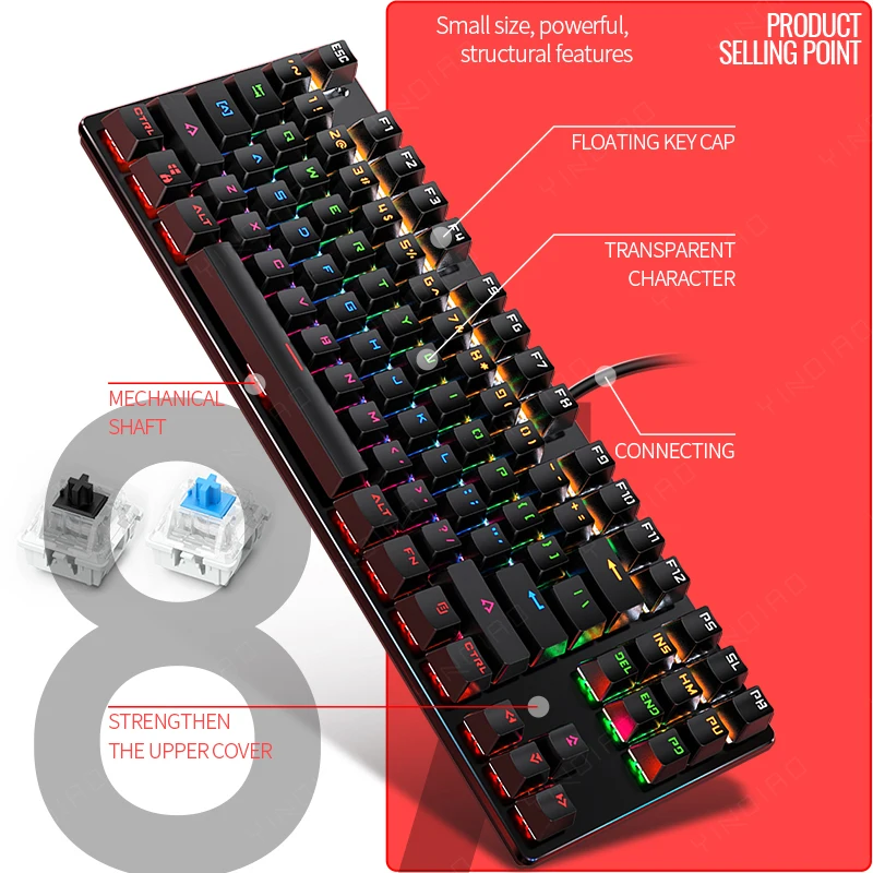 

K400 87 Keys Gaming Mechanical Keyboard Mix Color Backlit Double Color Injection Keycaps Gamer Keyboard For PC/Laptop Blue/Black