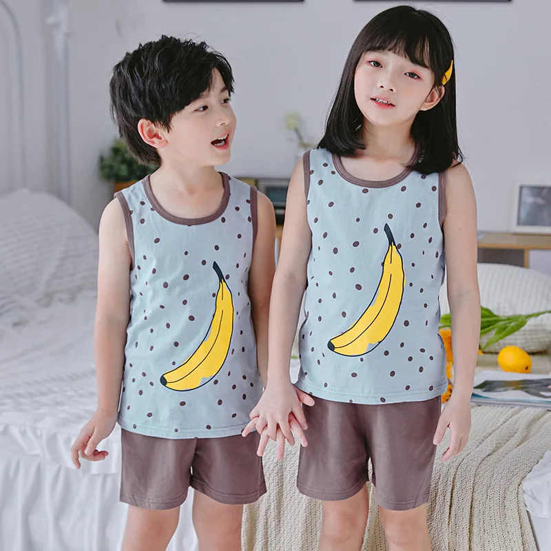 Summer children's clothing children's vest suit boys and girls sleeveless cartoon printed vest shorts two-piece suit, As shown