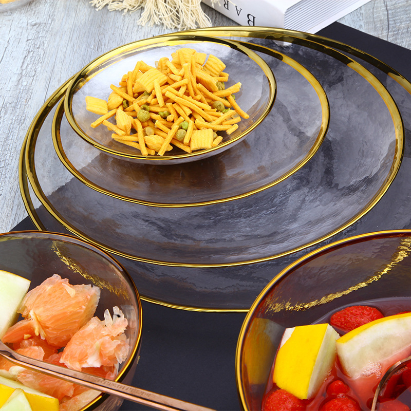 

High quality glass plate gold rim salad bowl glass bowl