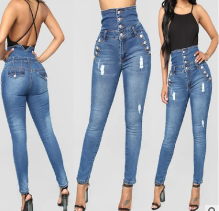 

2021 Plus Size Women's Jeans Latest Design High Waist Stretch Slim-fit Denim Pants, Picture color