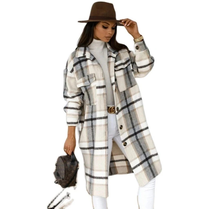 

Custom Long Sleeve Women's Flannel Plaid Shirt Mid-length Harajuku Button Up Shirt Oversized Blouses Clothes, Custom colors