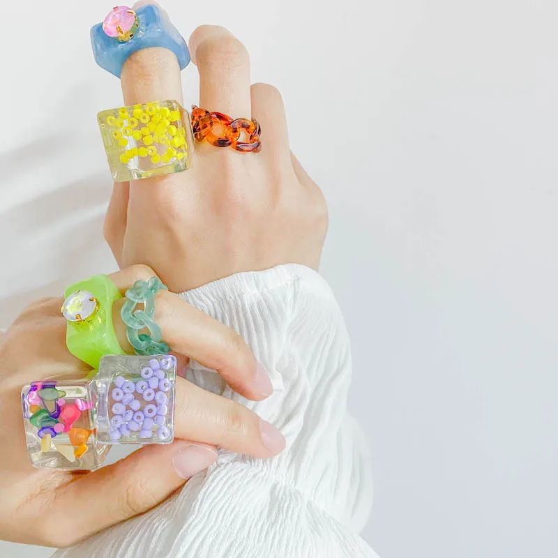 

JUHU 2021 Fashion Acrylic ring for women Simple colorful Resin Ring Jewelry Wholesale resin ring resin colors